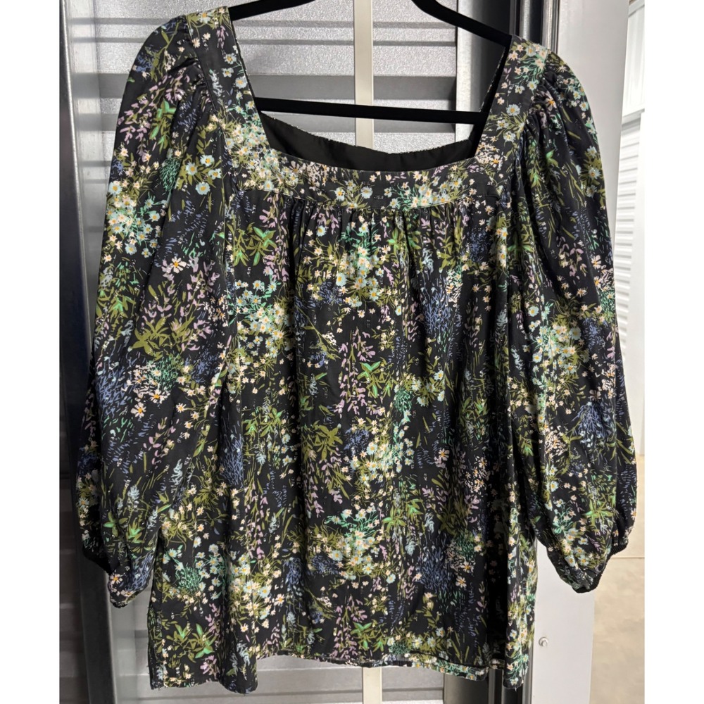LC Lauren Conrad Wildflower Floral Square Neck Puff Sleeve Blouse Black XL